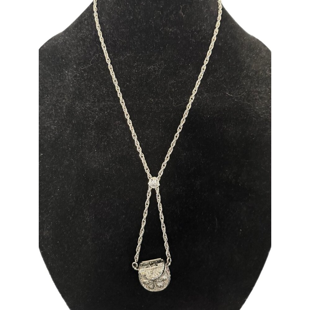 Hour Glass Quartz Watch Inside Silver Tone Rhinestone Purse Necklace Vtg READ